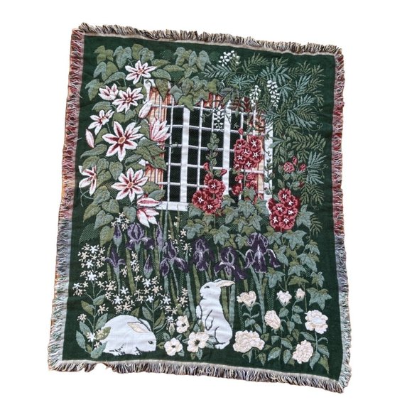 Crown Craft Other - Vintage Throw Bunny Rabbits Iris Holly Hock Flower Garden